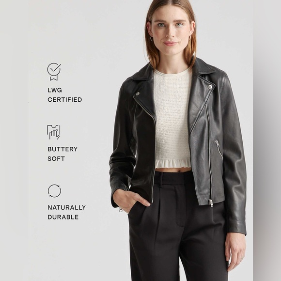 QUINCE 100% Washed Genuine Leather Biker Jacket XS Black Sheepskin - Picture 2 of 7